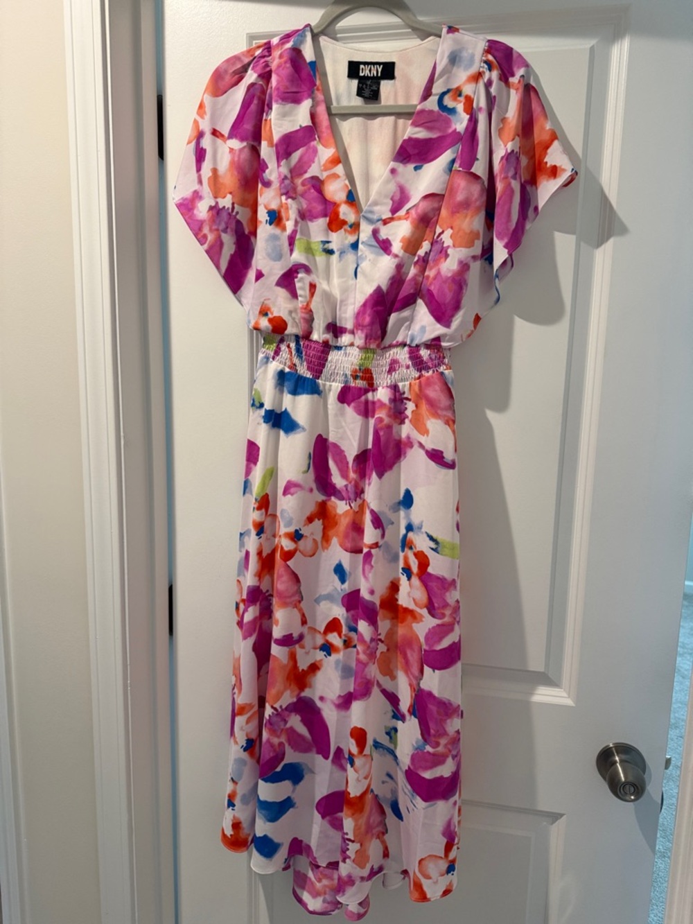 DKNY White Maxi Dress with Pink, Orange & Blue Watercolor Floral Print